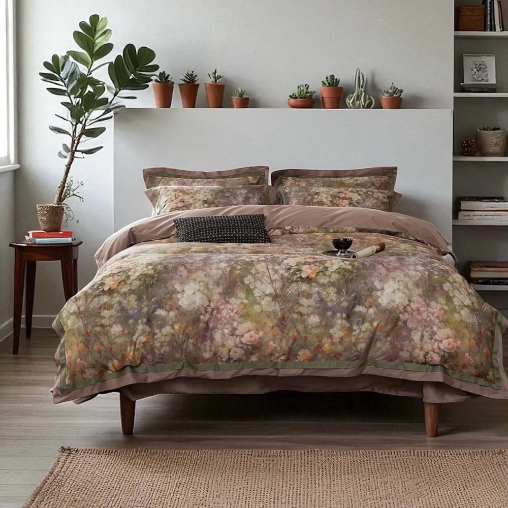 NEW Anthro Blush Pink Silk Floral Boho Cotton Queen King Bedding Duvet Sham Set